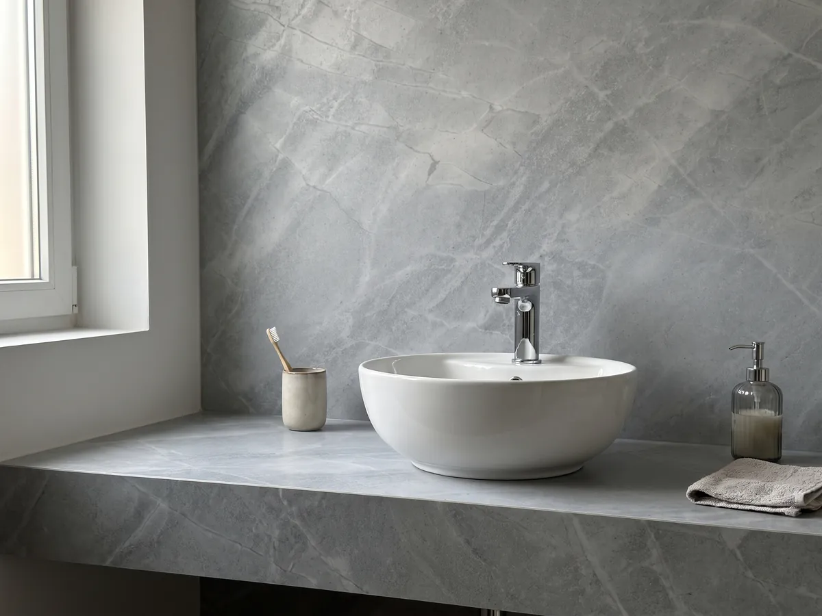 Bathroom vanity top and wall in gray Bleu de Savoie marble with a white sink and chrome faucets: blue-gray with a fine web of light veins and lighter clouds