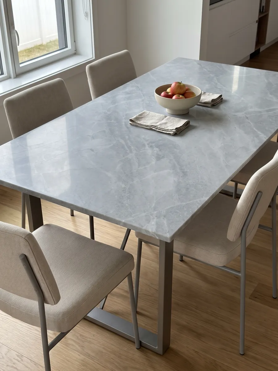 Dining table with a gray Bleu de Savoie marble top on a steel base: blue-gray with a fine web of light veins and lighter clouds