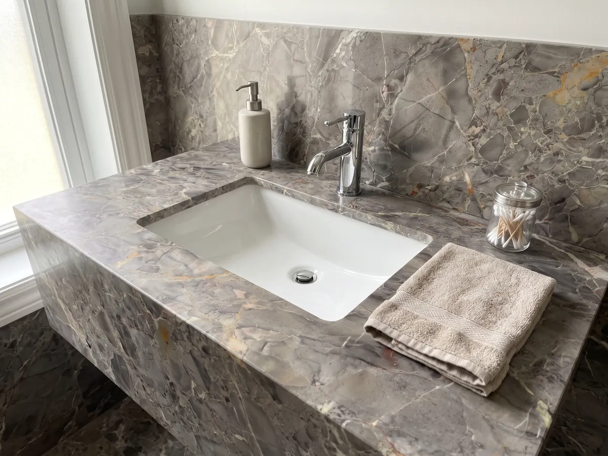 Vanity top and bathroom wall in gray Breccia di Versailles marble with a white sink and chrome faucets: gray-brown with soft-edged fragments, fine light veins and ochre touches