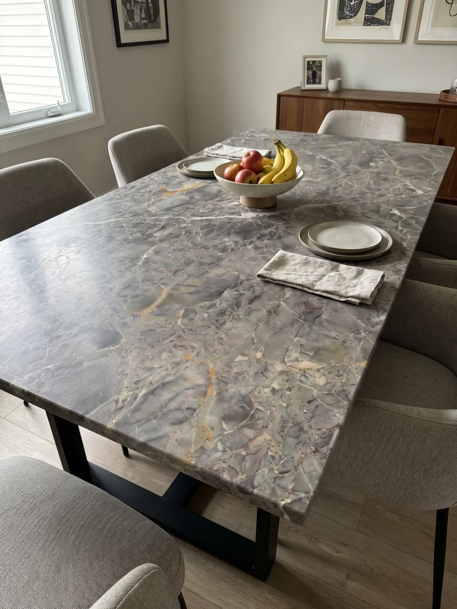 Dining table with a gray Breccia di Versailles marble top on a steel base: gray-brown with soft-edged fragments, fine light veins and ochre touches