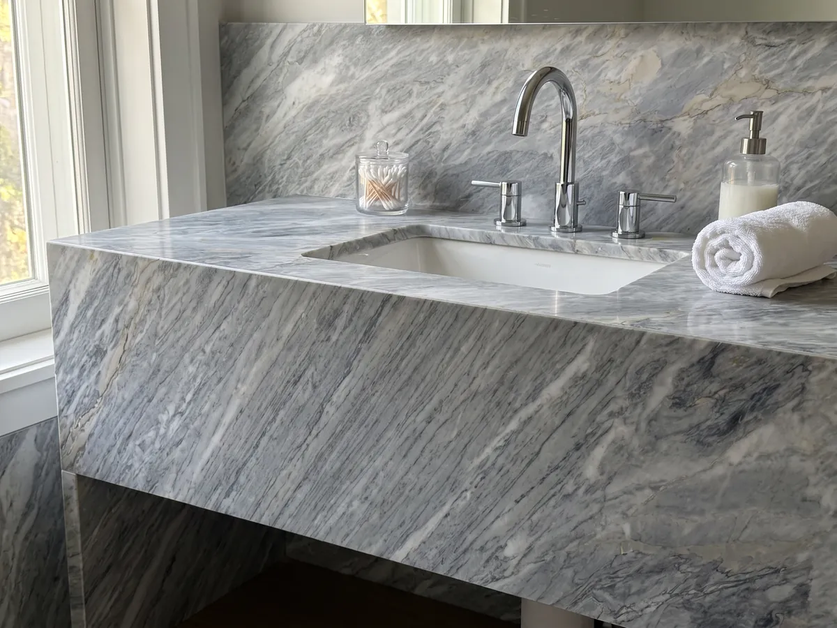Vanity top and bathroom wall in gray Calacatta Bluette marble with a white sink and chrome fixtures: bluish gray with very dense fine white and gray strokes on the diagonal