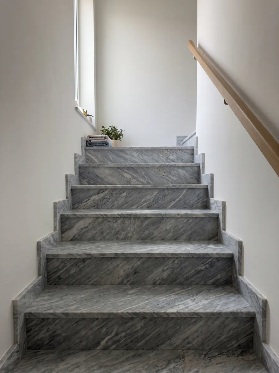 Interior staircase with gray Calacatta Bluette marble steps and a handrail: bluish gray with very dense fine white and gray diagonal strokes