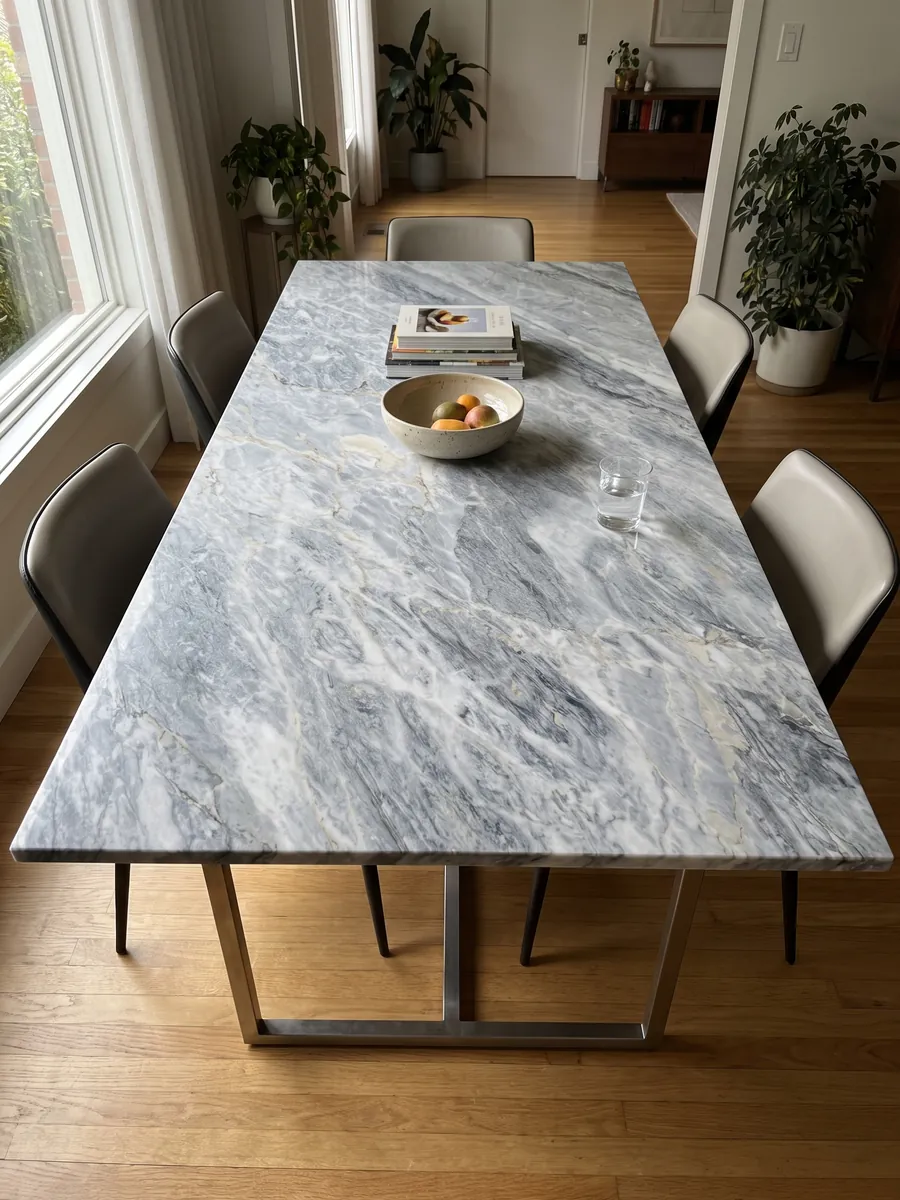Dining table with a gray Calacatta Bluette marble top on a steel base: bluish gray with very dense fine white and gray diagonal strokes