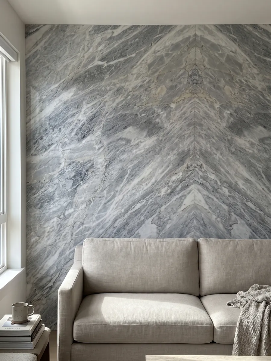 Living room wall clad in bookmatched gray Calacatta Bluette marble slabs behind a sofa: bluish gray with very dense fine white and gray diagonal strokes