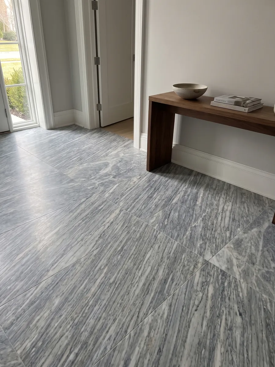 Entryway floor in large gray Calacatta Bluette marble slabs with natural light: bluish gray with very dense fine white and gray diagonal strokes