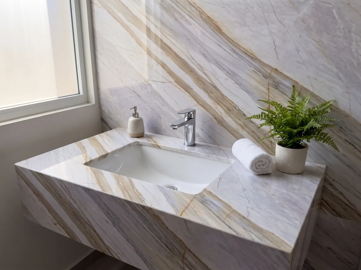 Bathroom vanity top and wall in gray Calacatta Supreme marble with a white sink and chrome fixtures: light lavender gray with diagonal beige bands and fine ochre lines