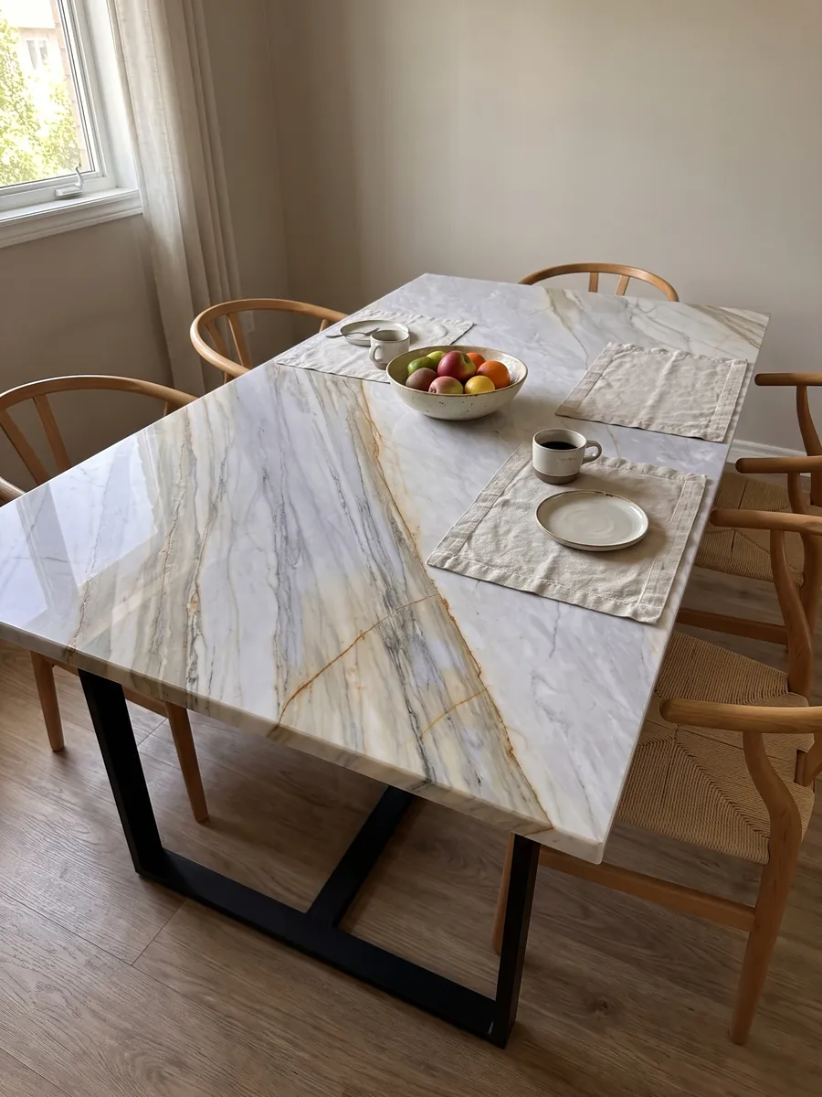 Dining table with a gray Calacatta Supreme marble top on a steel base: light lavender gray with diagonal beige bands and fine ocher lines
