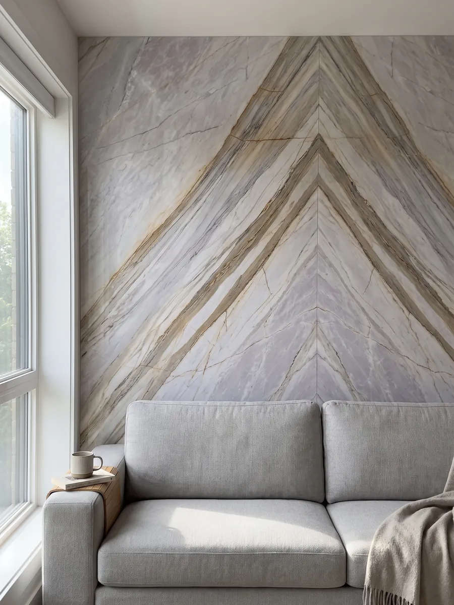 Living room wall clad in bookmatched slabs of gray Calacatta Supreme marble behind a sofa: light lavender gray with diagonal beige bands and fine ocher lines