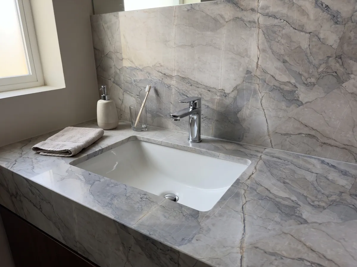 Bathroom vanity top and wall in gray Camouflage marble with a white sink and chrome fixtures: lavender-gray and blue-gray fragments with fine veins in a mosaic pattern