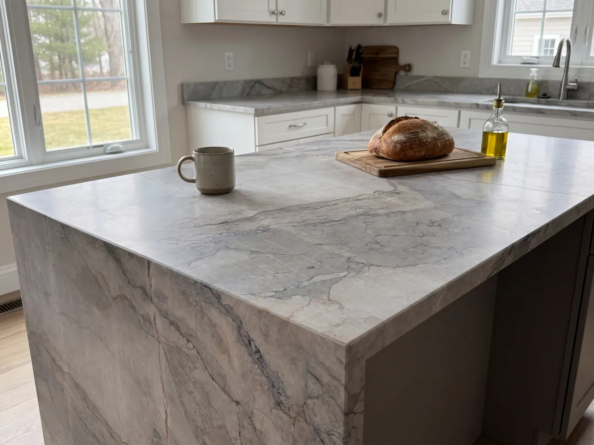 Kitchen island with a gray Camouflage marble countertop and a straight edge in a kitchen with natural light: lavender-gray and blue-gray fragments with fine veins in a mosaic pattern