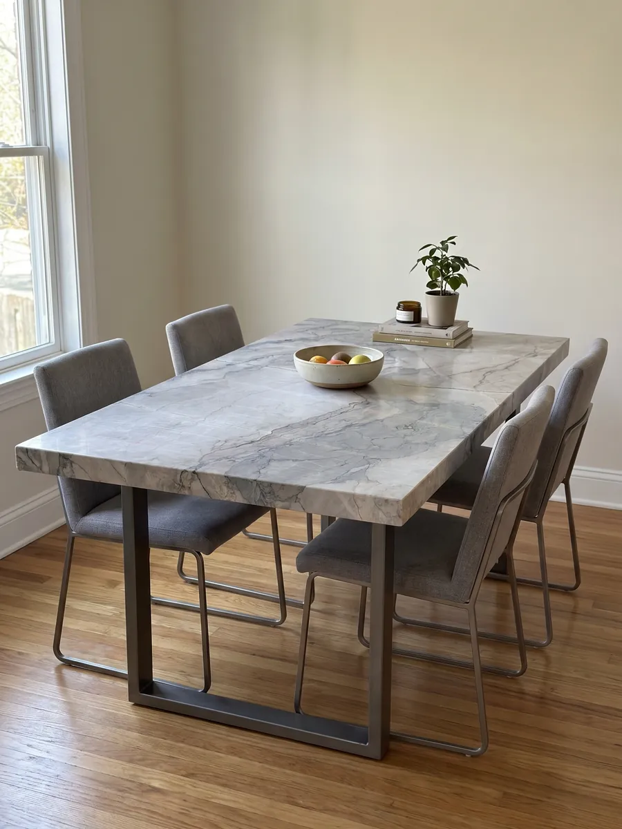 Dining table with a gray Camouflage marble top on a steel base: lavender-gray and blue-gray fragments with fine veins in a mosaic pattern