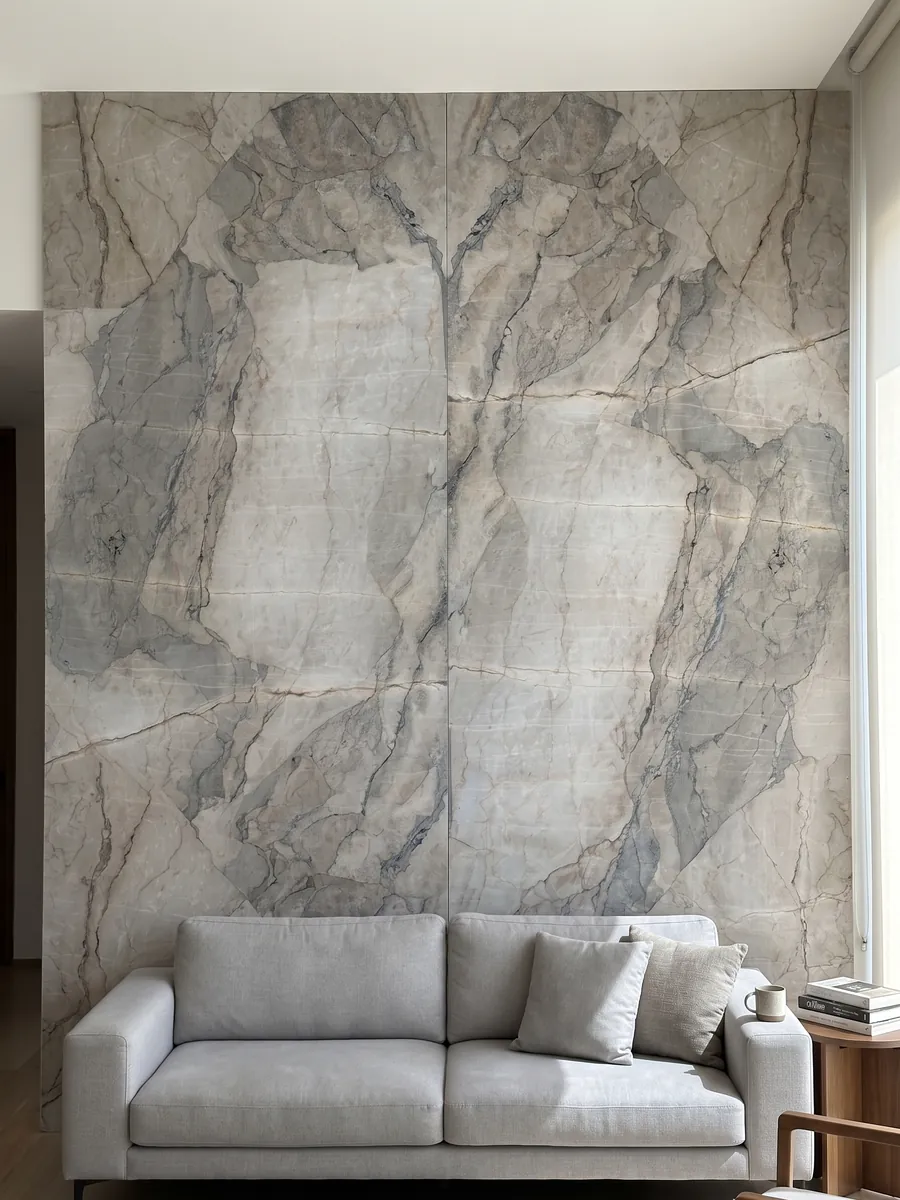 Living room wall clad in bookmatched slabs of gray Camouflage marble behind a sofa: lavender-gray and blue-gray fragments with fine veins in a mosaic pattern