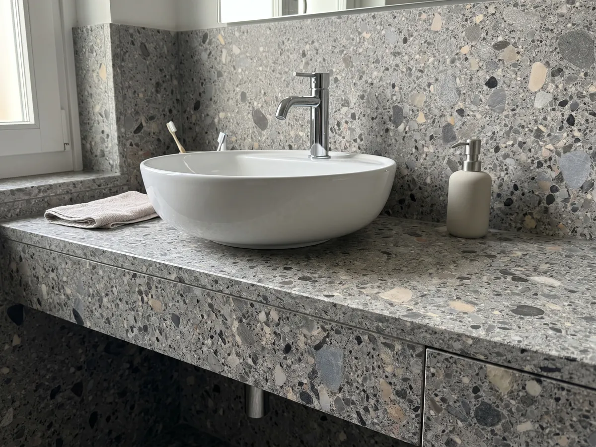 Vanity top and bathroom wall in gray Ceppo marble with a white sink and chrome fixtures: gray matrix with gray, beige and black pebbles of various sizes