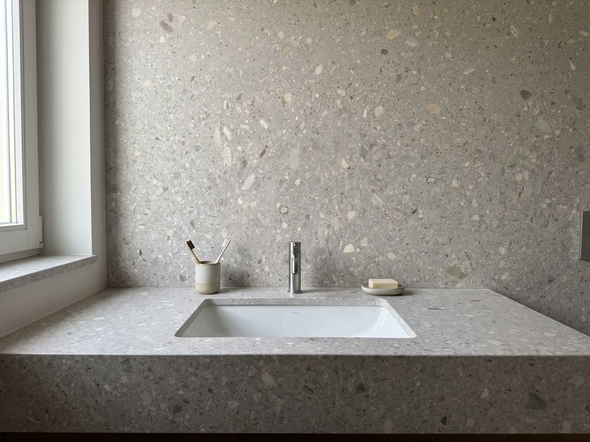 Vanity top and bathroom wall in gray Ceppo di Gré marble with a white sink and chrome fixtures: light gray with small beige and gray fragments spread across it
