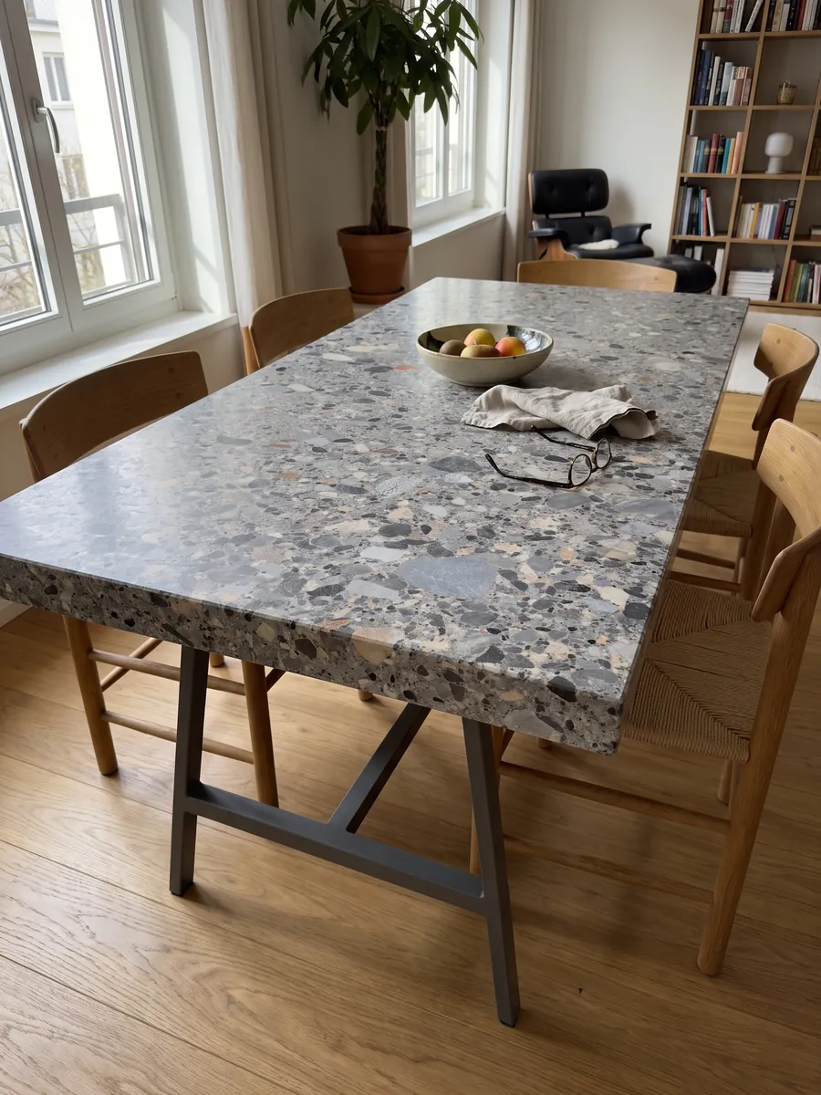 Dining table with a gray Ceppo marble top on a steel base: gray matrix with gray, beige and black pebbles of various sizes
