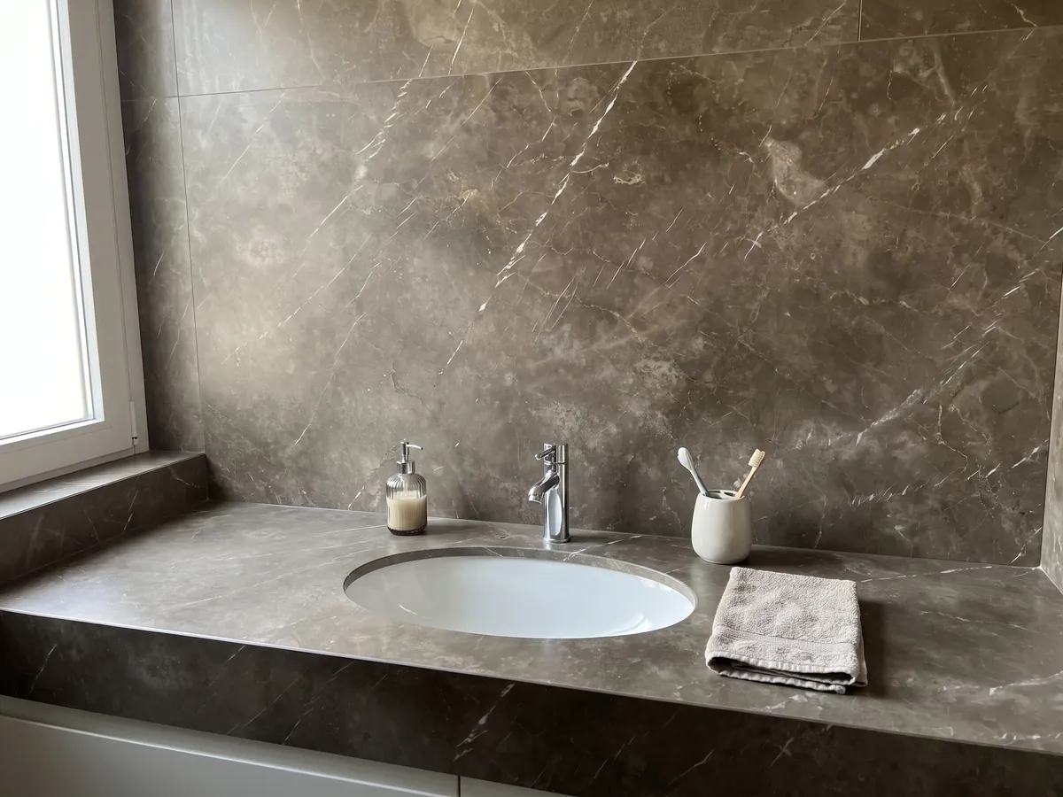 Vanity top and bathroom wall in Grigio Collemandina marble with a white sink and chrome fixtures: cloudy brown-gray with few, very fine white veins