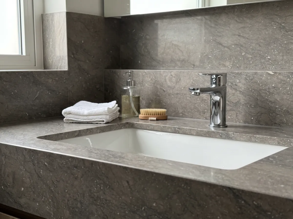 Bathroom vanity top and wall in gray Ebano marble with a white sink and chrome fixtures: an even gray-brown with small sparkling light specks
