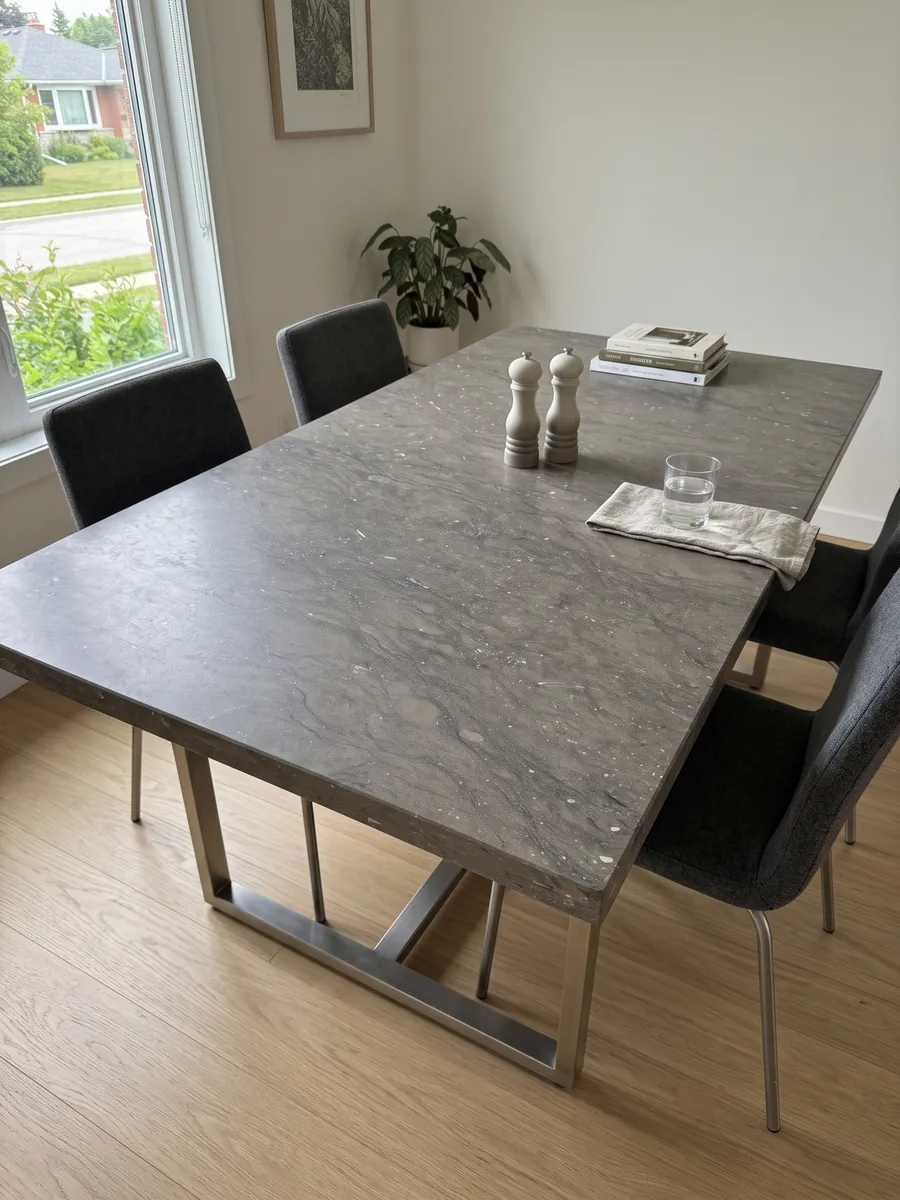 Dining table with a gray Ebano marble top on a steel base: an even gray-brown with small sparkling light specks