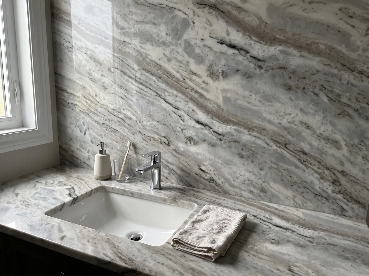 Vanity top and bathroom wall in gray Fantasy Brown marble with a white sink and chrome fixtures: elongated white and gray clouds with some dark diagonal streaks