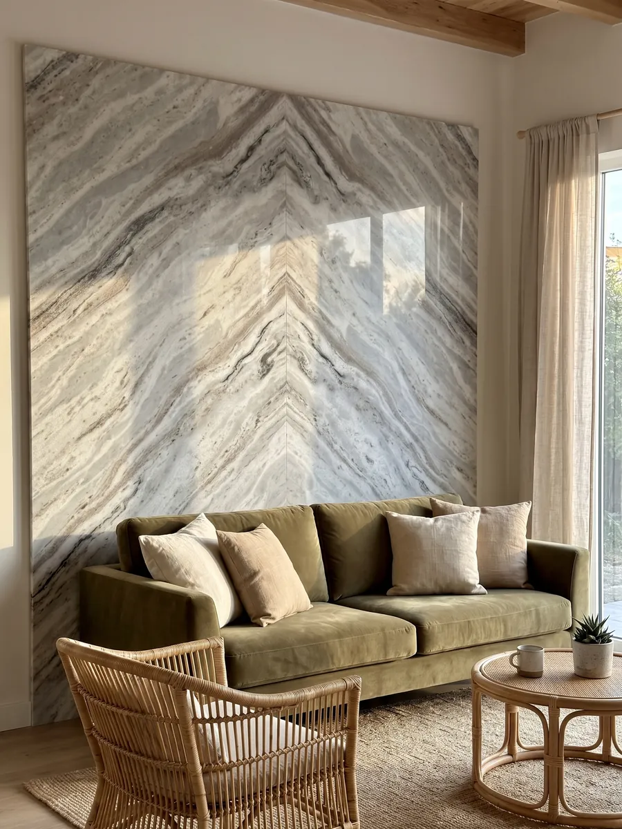 Living room wall clad with bookmatched slabs of gray Fantasy Brown marble behind a sofa: elongated white and gray clouds with some dark diagonal streaks