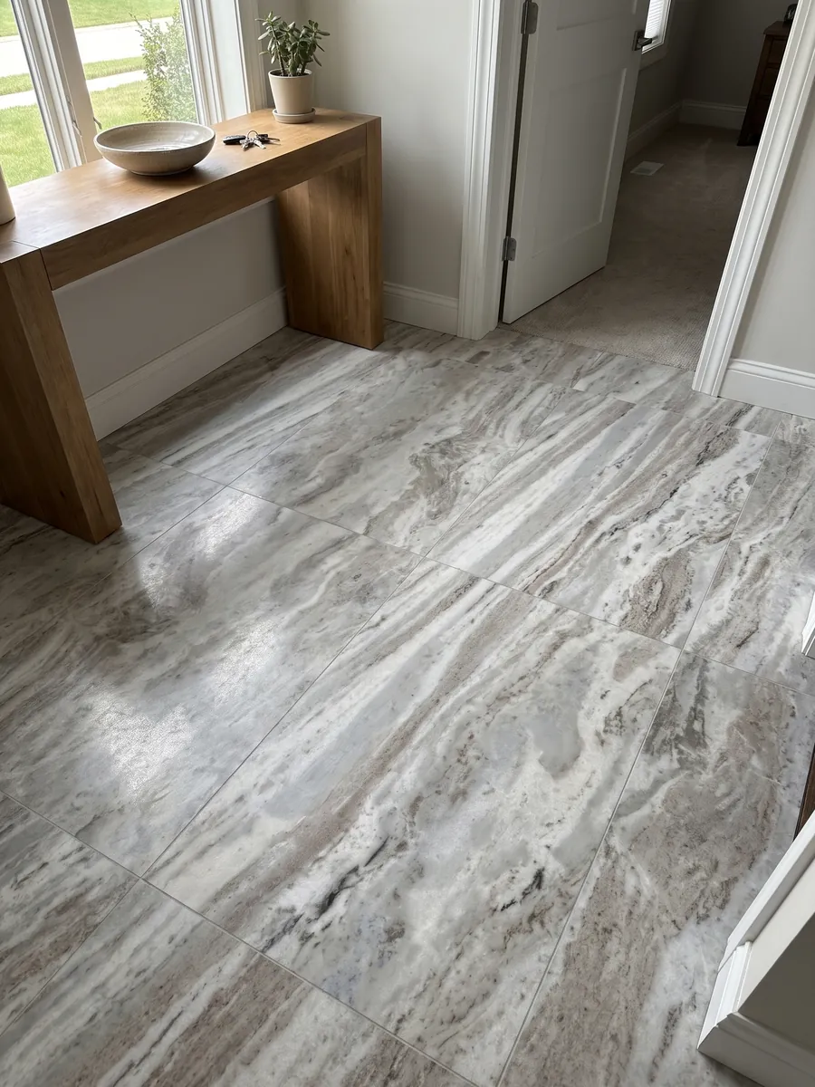 Entryway floor in large slabs of gray Fantasy Brown marble with natural light: elongated white and gray clouds with some dark diagonal streaks