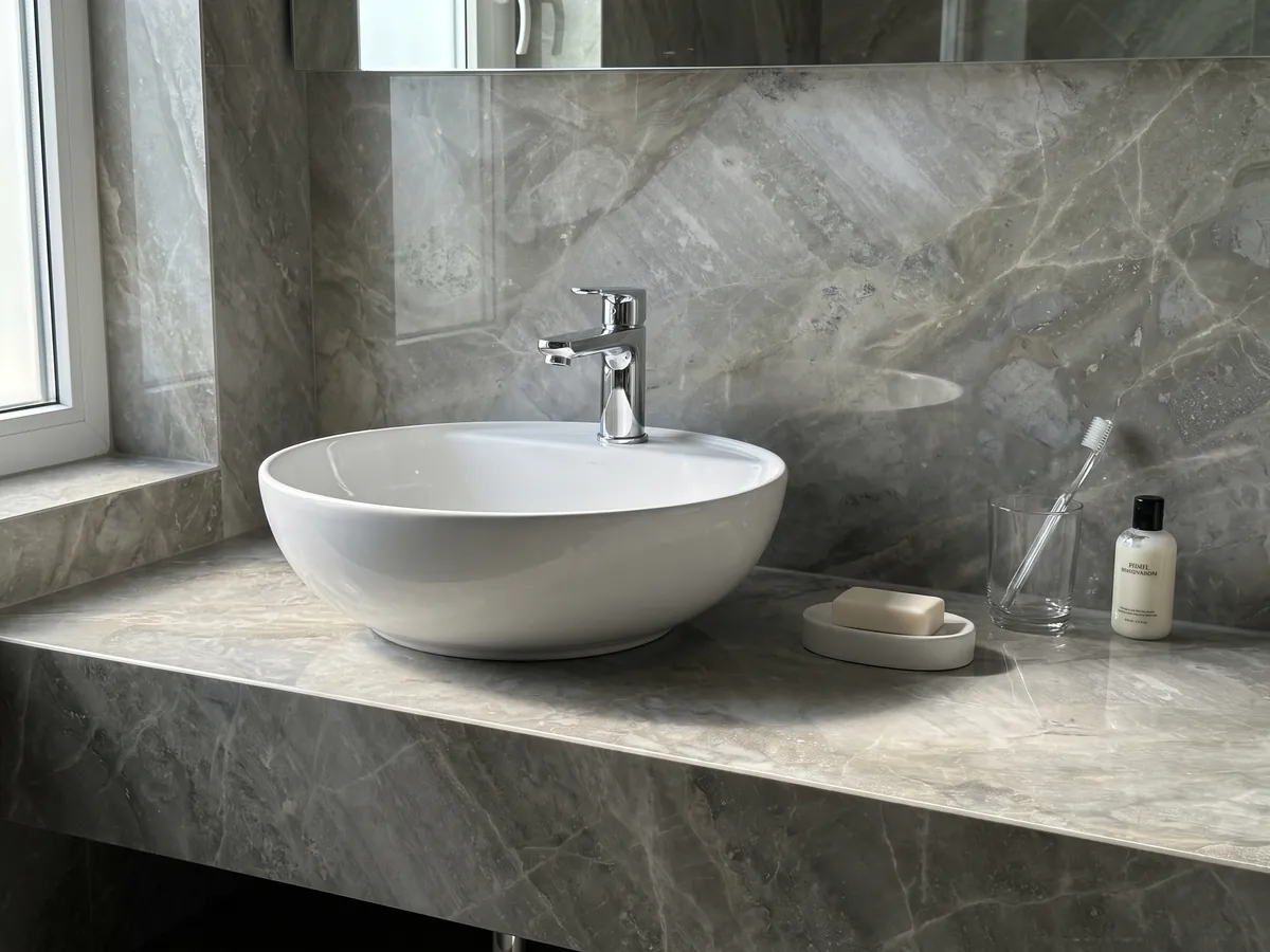 Vanity top and bathroom wall in gray Fior di Bosco marble with a white sink and chrome fixtures: muted greenish gray with tonal clouds and nearly invisible fine veins