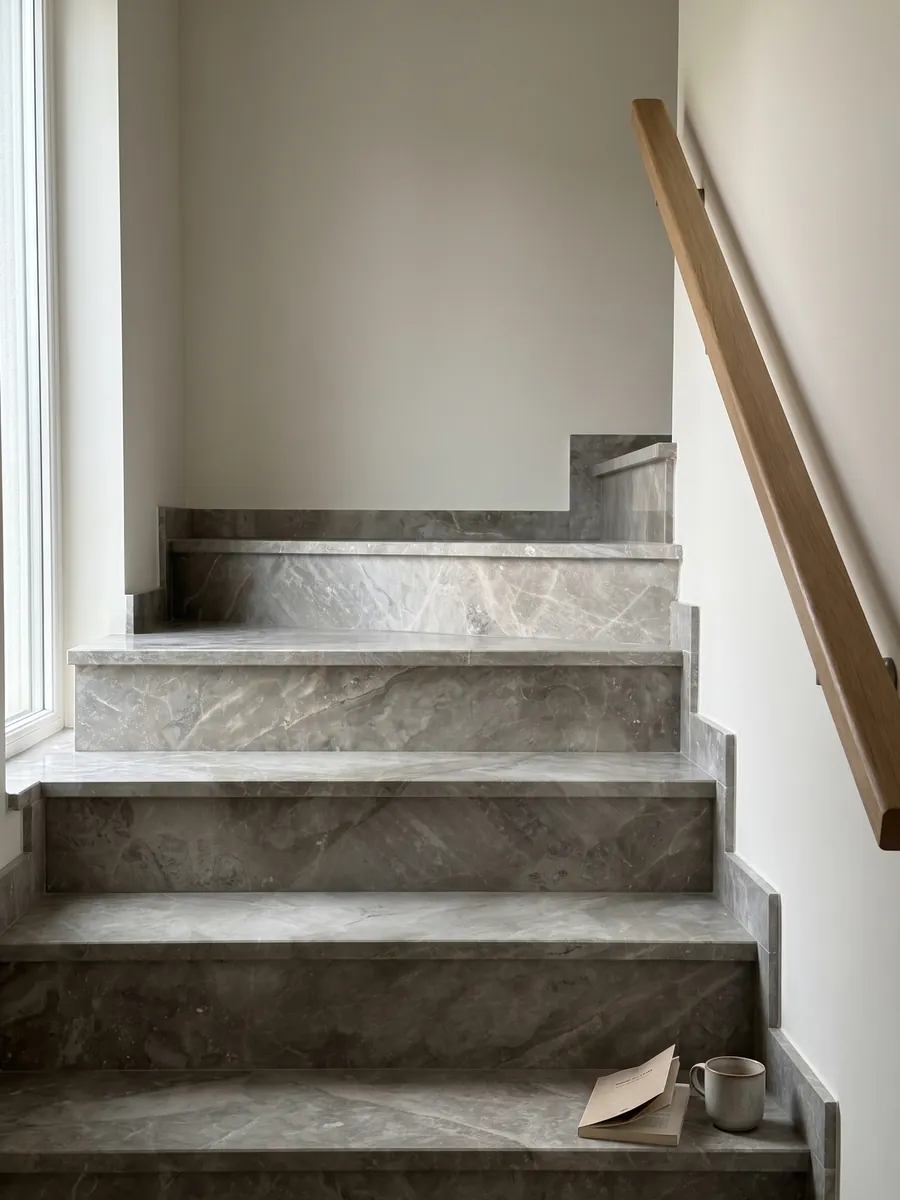 Interior staircase with gray Fior di Bosco marble steps and a handrail: muted greenish gray with tonal clouds and nearly invisible fine veins