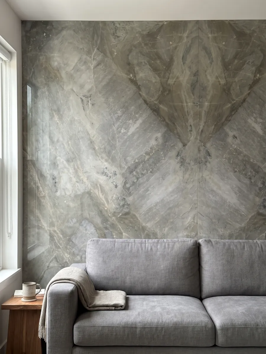 Living room wall clad with bookmatched slabs of gray Fior di Bosco marble behind a sofa: muted greenish gray with tonal clouds and nearly invisible fine veins