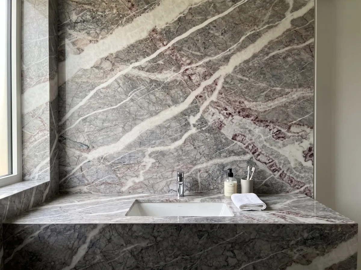 Bathroom vanity top and wall in gray Fior di Pesco Carnico marble: diagonal white veins joined by wine-colored veins over a gray with a network of fine lines