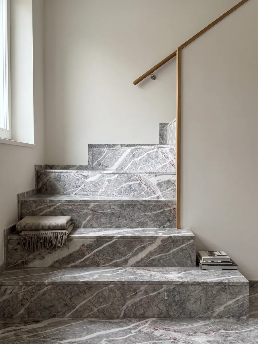 Interior staircase with gray Fior di Pesco Carnico marble steps and a handrail: diagonal white veins joined by wine-colored veins over a gray with a network of fine lines