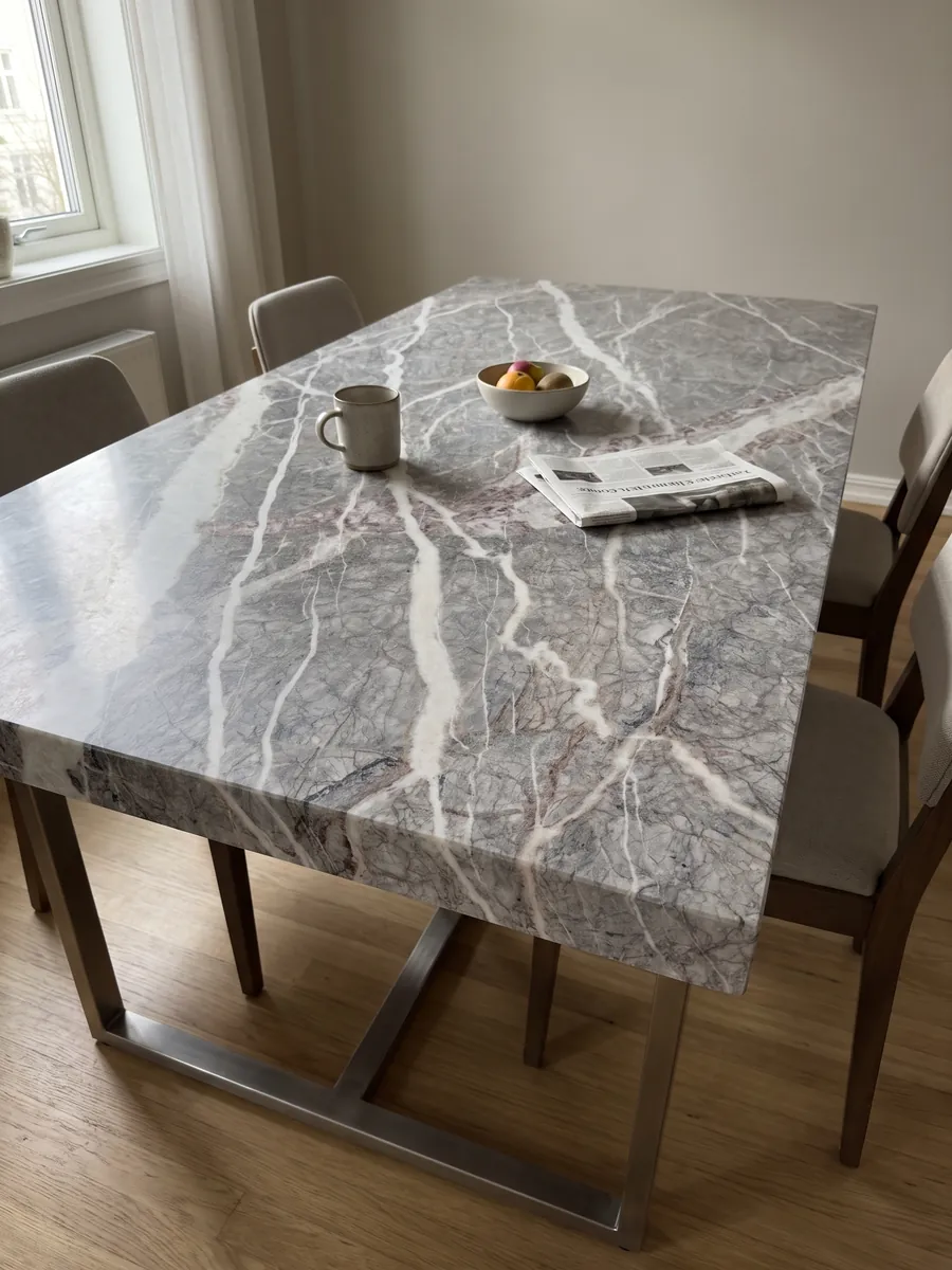 Dining table with a gray Fior di Pesco Carnico marble top on a steel base: diagonal white veins joined by wine-colored veins over a gray with a network of fine lines