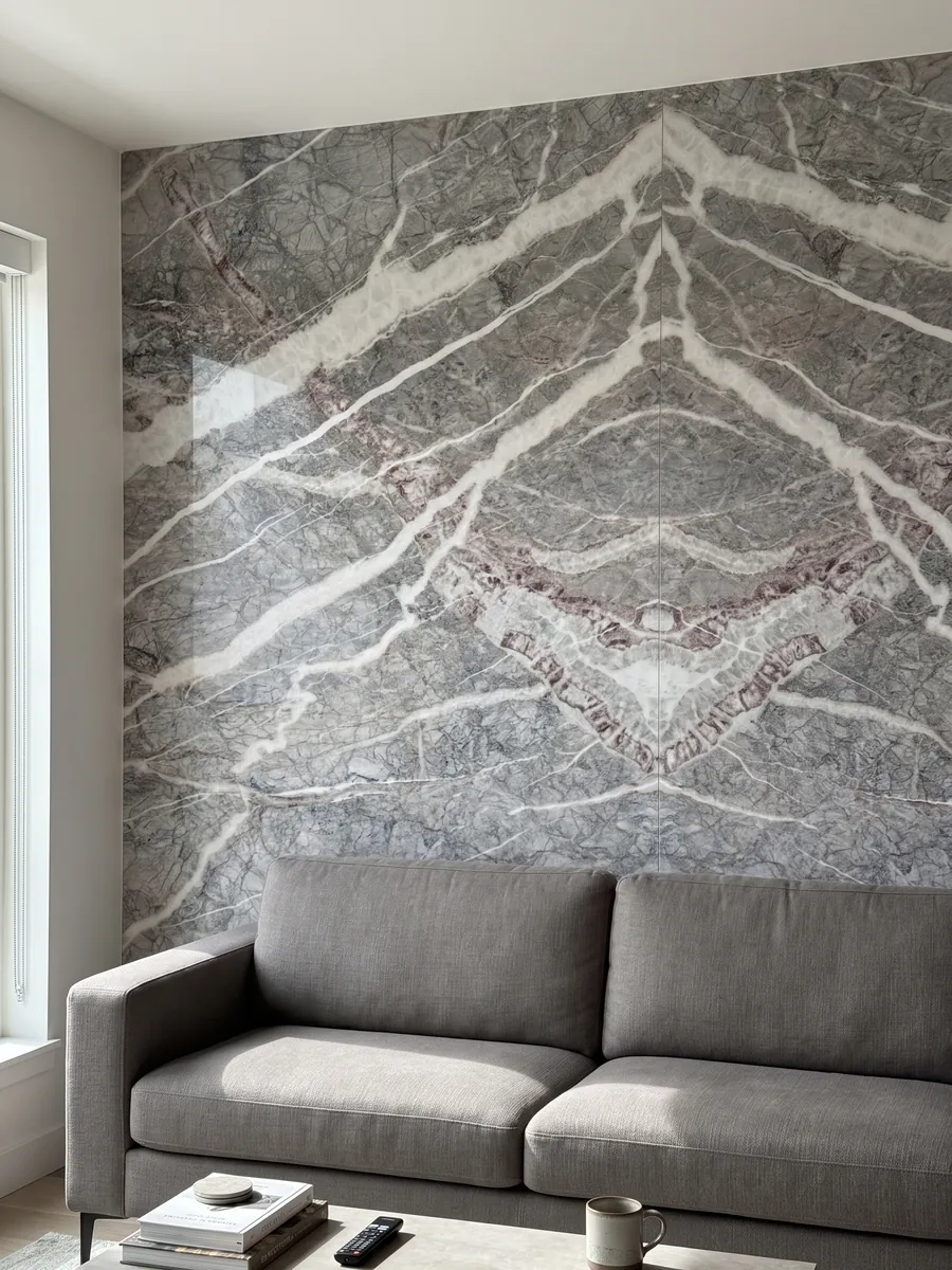 Living room wall clad in bookmatched gray Fior di Pesco Carnico marble slabs behind a sofa: diagonal white veins joined by wine-colored veins over a gray with a network of fine lines