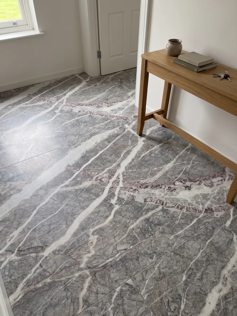Entryway floor in large gray Fior di Pesco Carnico marble slabs with natural light: diagonal white veins joined by wine-colored veins over a gray with a network of fine lines