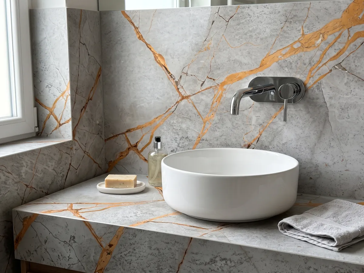 Vanity top and bathroom wall in gray Golden Sky marble with a white sink and chrome faucets: vivid golden orange veins crossing a cloudy light gray background