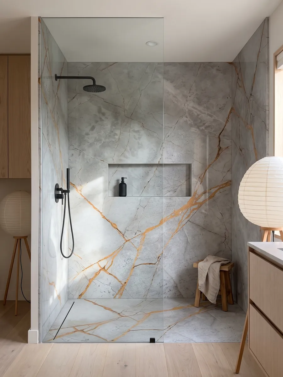 Shower clad in full slabs of gray Golden Sky marble with a recessed niche: vivid golden orange veins crossing a cloudy light gray background