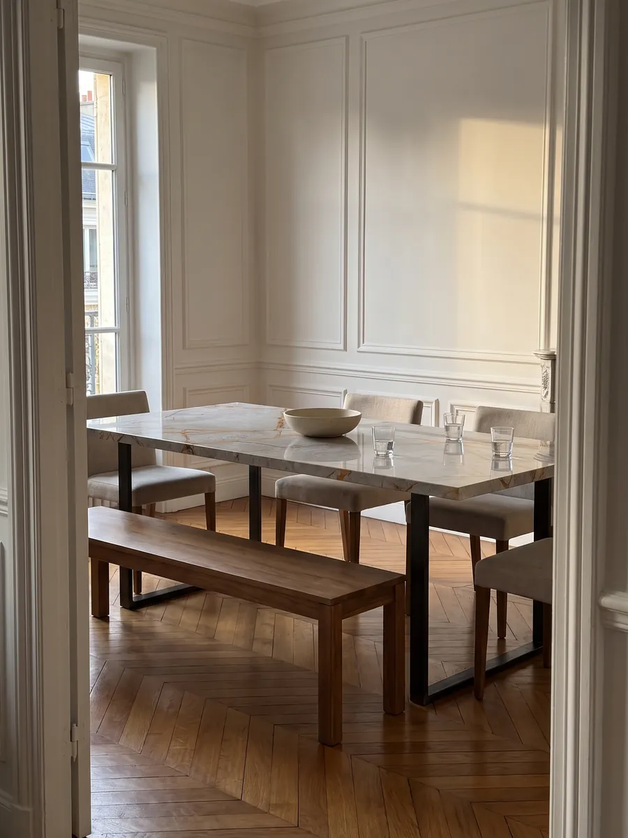Dining table with a gray Golden Sky marble top on a steel base: vivid golden orange veins crossing a cloudy light gray background