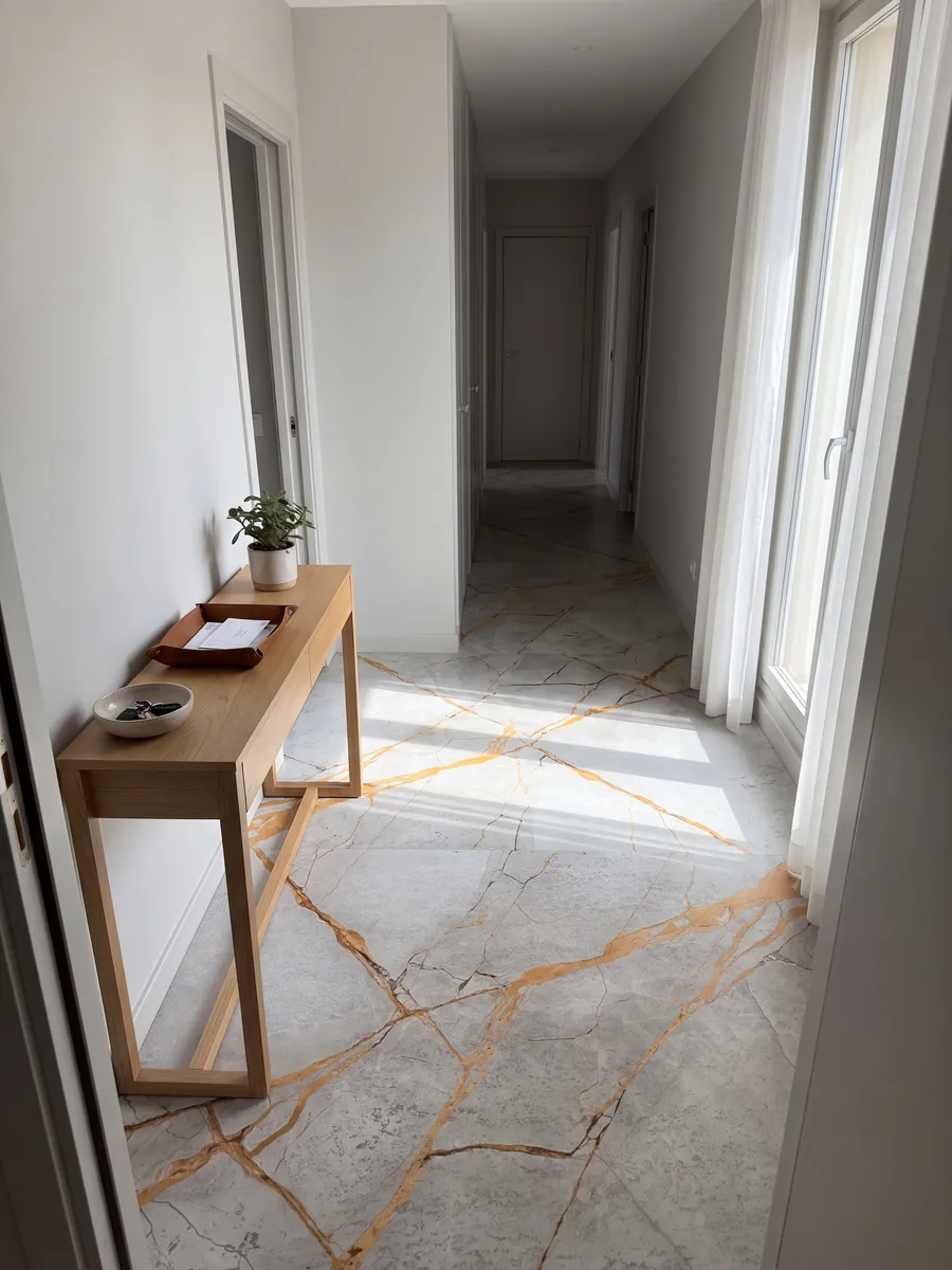 Entryway floor in large slabs of gray Golden Sky marble with natural light: vivid golden orange veins crossing a cloudy light gray background