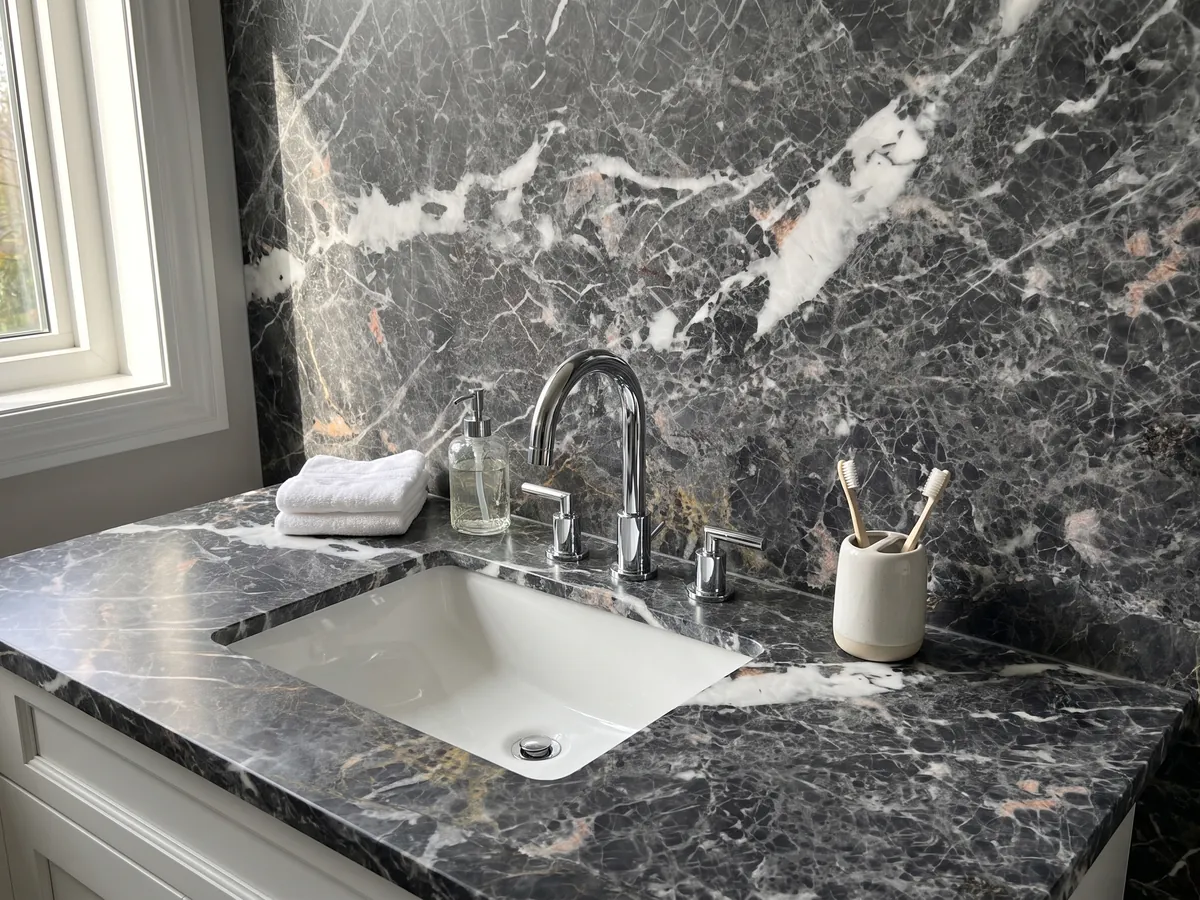 Vanity top and bathroom wall in Grey Saint Laurent gray marble with a white sink and chrome fixtures: dark gray with elongated white patches and a fine network of light and golden veins