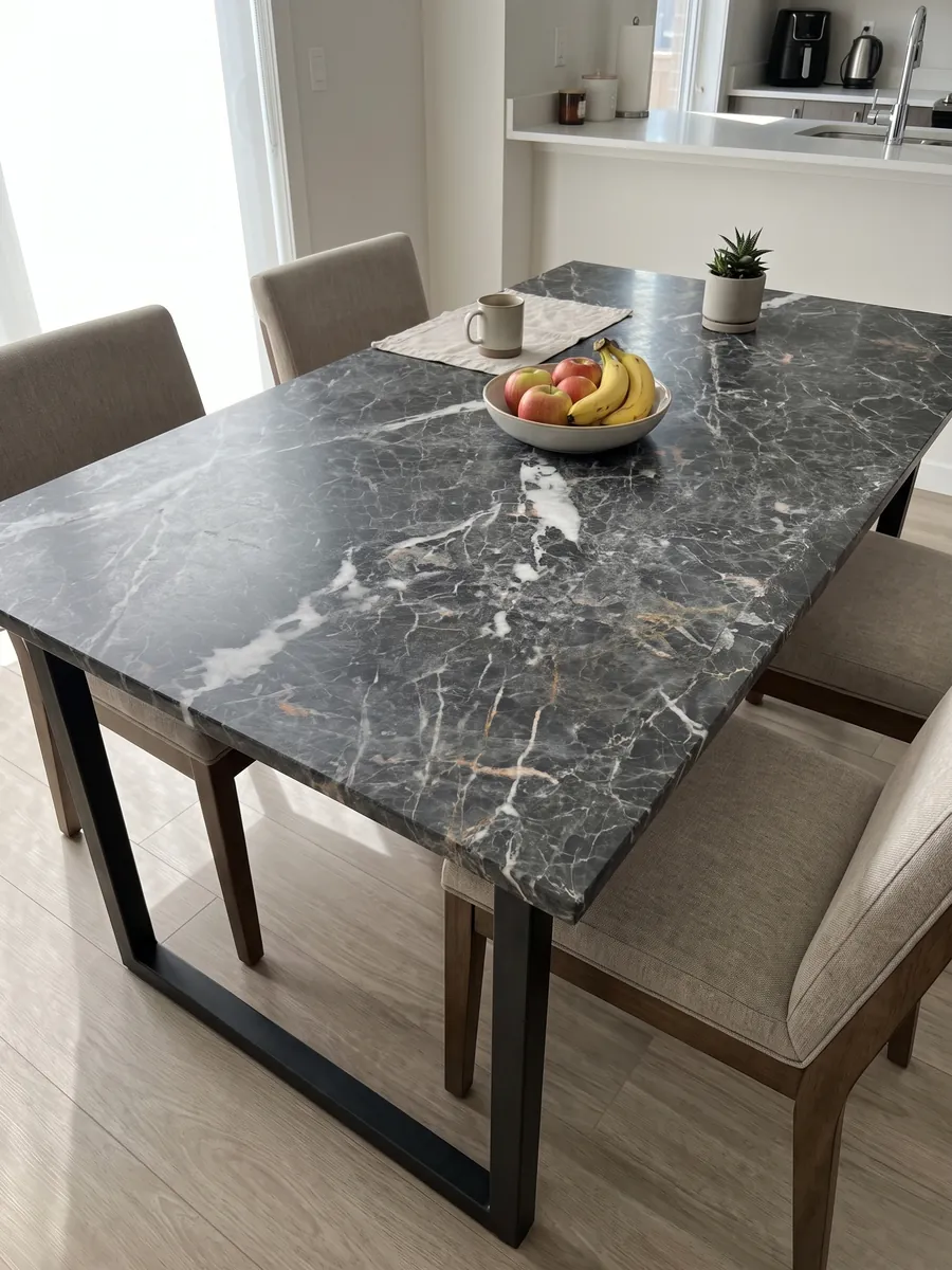 Dining table with a Grey Saint Laurent gray marble top on a steel base: dark gray with elongated white patches and a fine network of light and golden veins