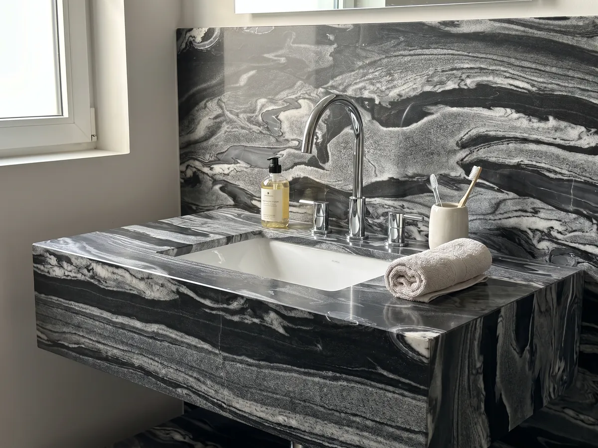 Vanity top and bathroom wall in Grigio Imperiale marble with a white sink and chrome fixtures: horizontal gray and white waves over black, like moving currents