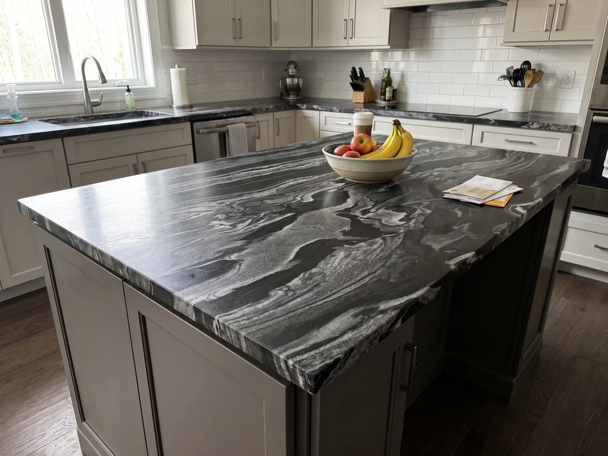 Kitchen island with a Grigio Imperiale marble countertop and a straight edge in a kitchen with natural light: horizontal gray and white waves over black, like moving currents