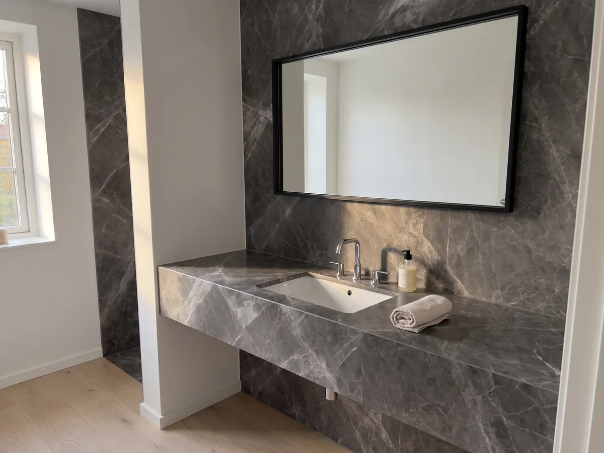 Vanity top and bathroom wall in Jolie Grey marble with a white sink and chrome fixtures: dark gray with light veins crossing diagonally to form diamonds