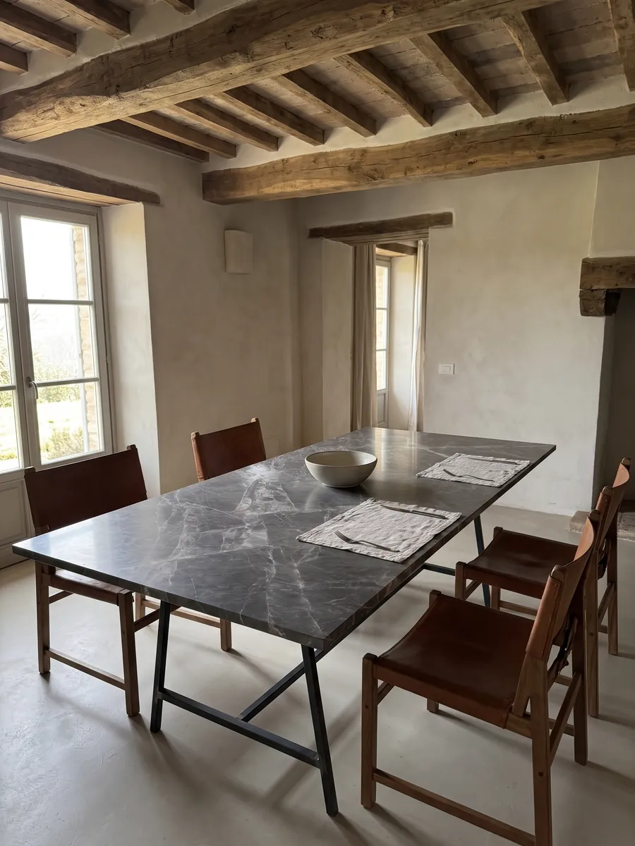 Dining table with a Jolie Grey marble top on a steel base: dark gray with light veins crossing diagonally to form diamonds