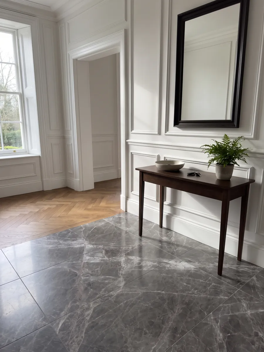 Entryway floor in large Jolie Grey marble slabs with natural light: dark gray with light veins crossing diagonally to form diamonds