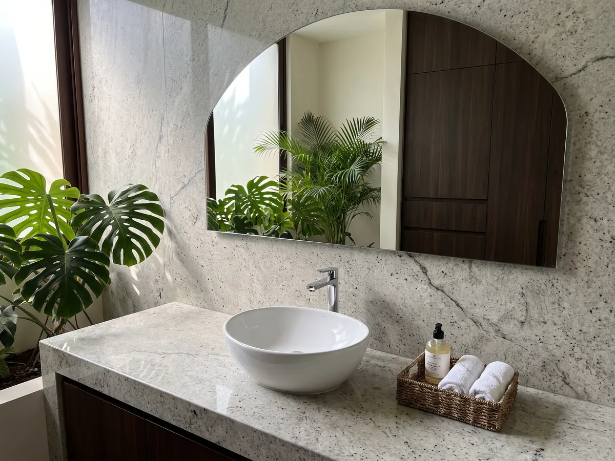 Vanity top and bathroom wall in gray Lemon Ice marble with a white sink and chrome faucets: light gray speckled with dark flecks, resembling granite