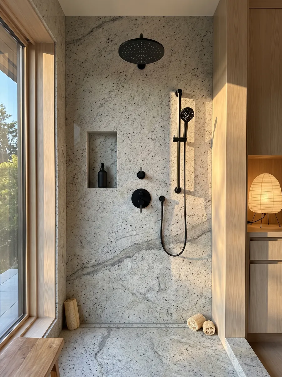 Shower clad in full slabs of gray Lemon Ice marble with a recessed niche: light gray speckled with dark flecks, resembling granite
