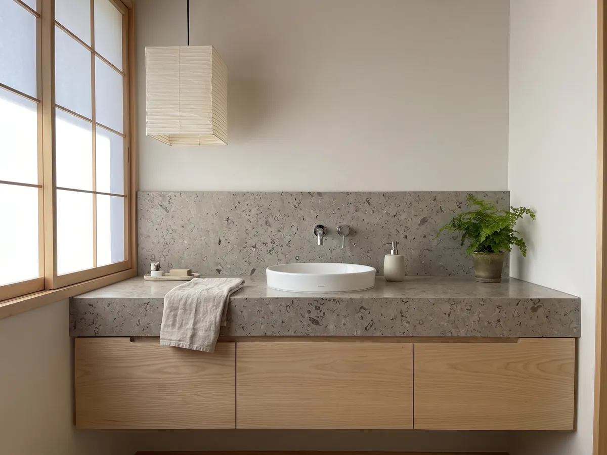 Vanity top and bathroom wall in gray Lipica Fiorito marble with a white sink and chrome faucets: beige gray with small dark fossil figures spread across the whole slab