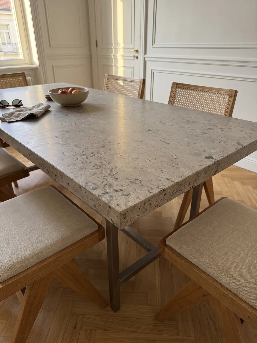 Dining table with a gray Lipica Fiorito marble top on a steel base: beige gray with small dark fossil figures spread across the slab
