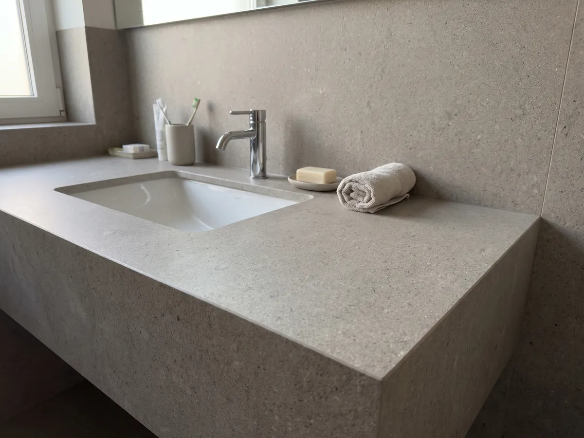 Vanity top and bathroom wall in gray Lipica Unito marble with a white sink and chrome faucets: fine-grained beige gray with a very uniform look and no pattern
