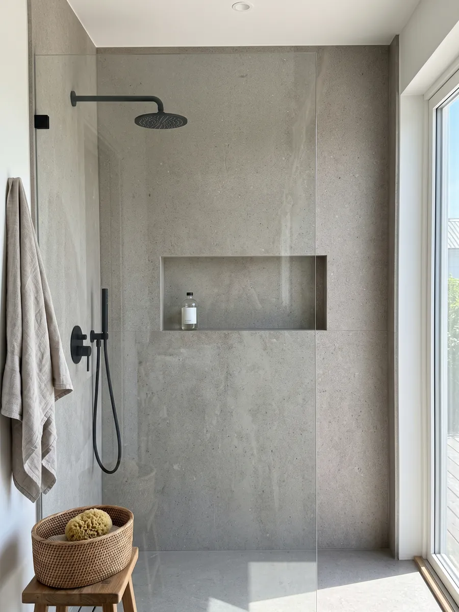 Shower clad in full slabs of gray Lipica Unito marble with a recessed niche: fine-grained beige gray with a very uniform look and no pattern